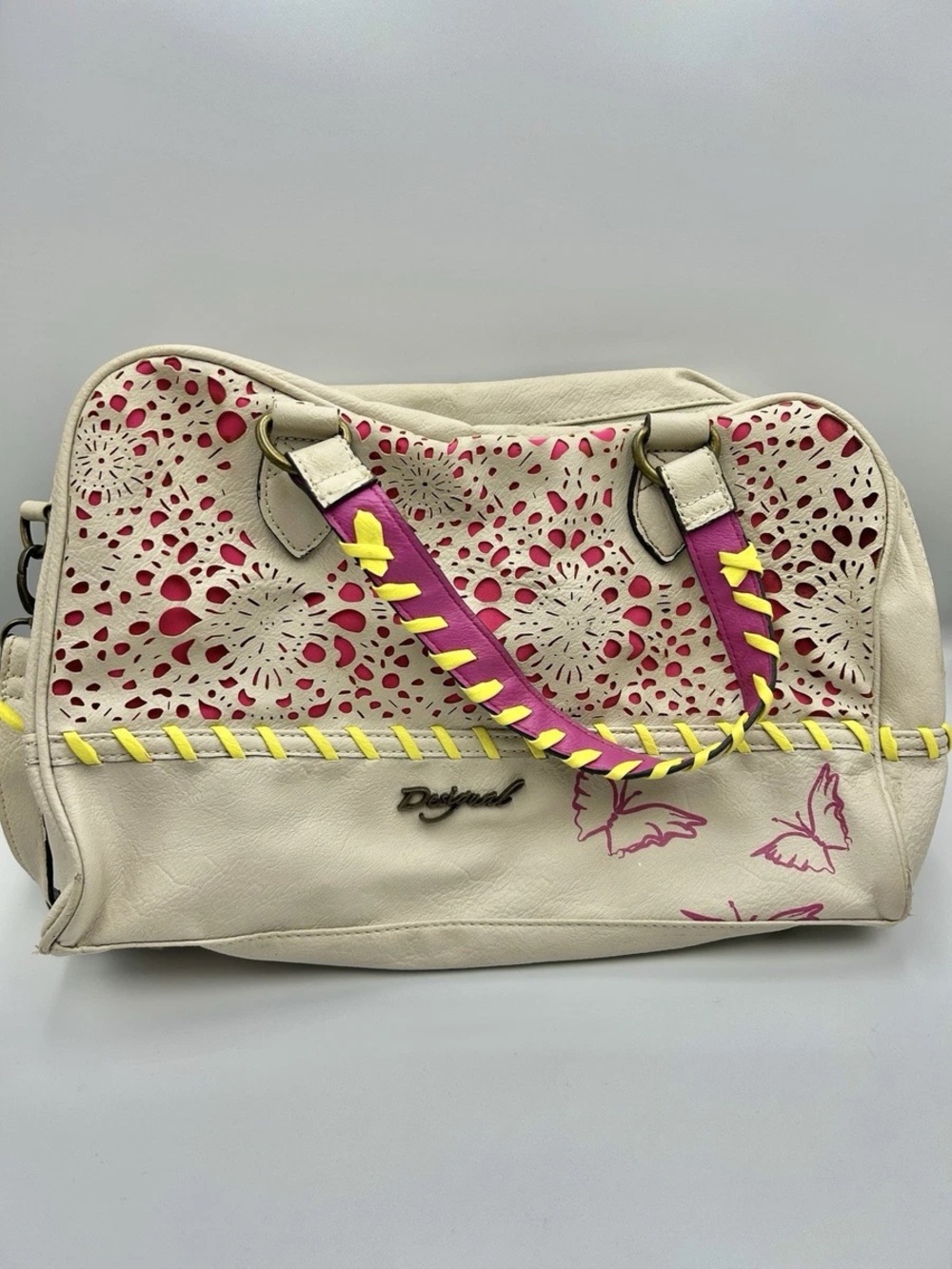 Desigual Cream Satchel with Pink & Yellow Trim